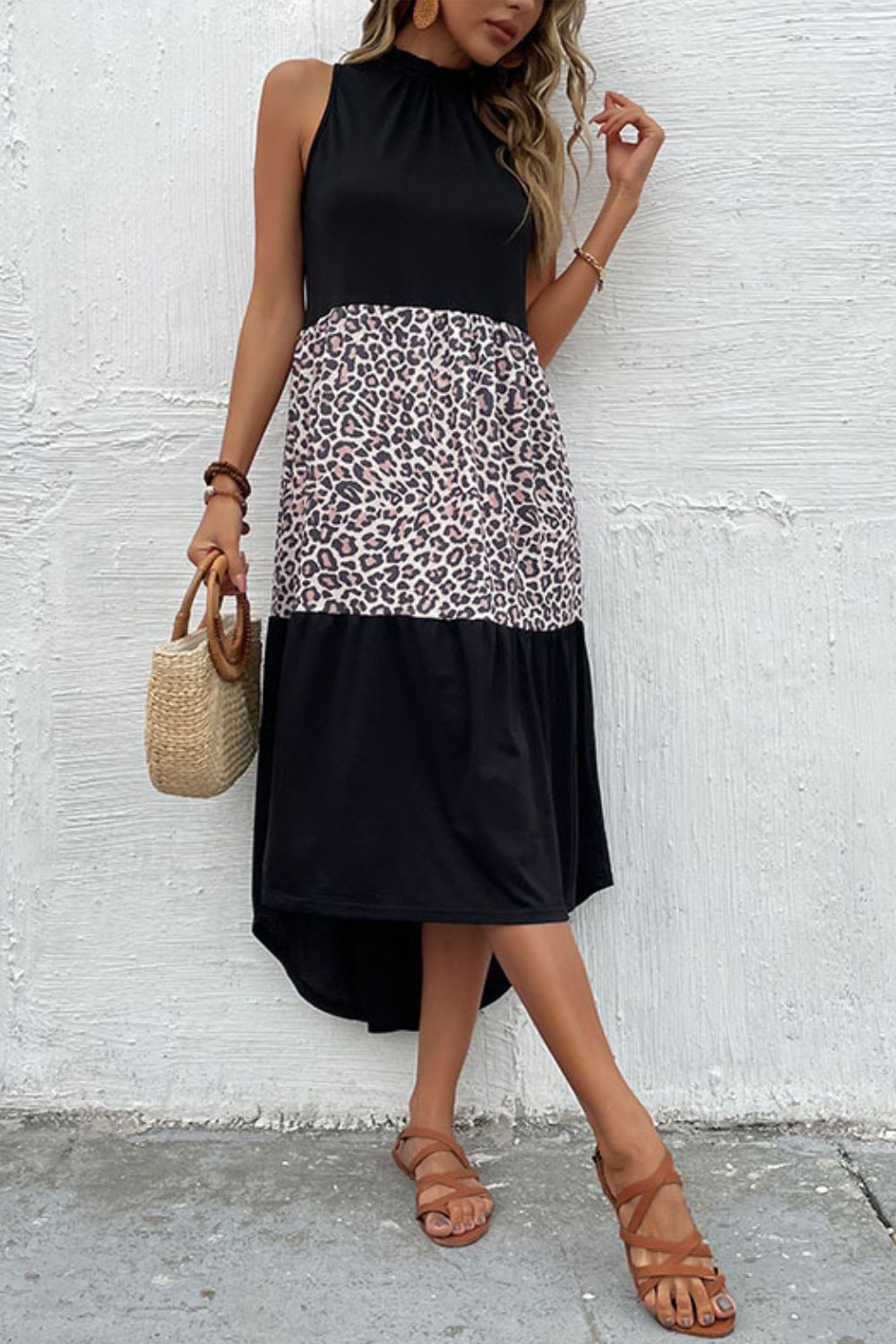 Leopard Print Colorblock Mock Neck Sleeveless High Low Midi Dress