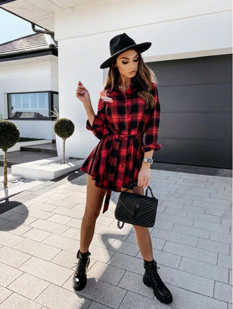 Riana Cotton Plaid Tie Shirt Dress Navy FINAL