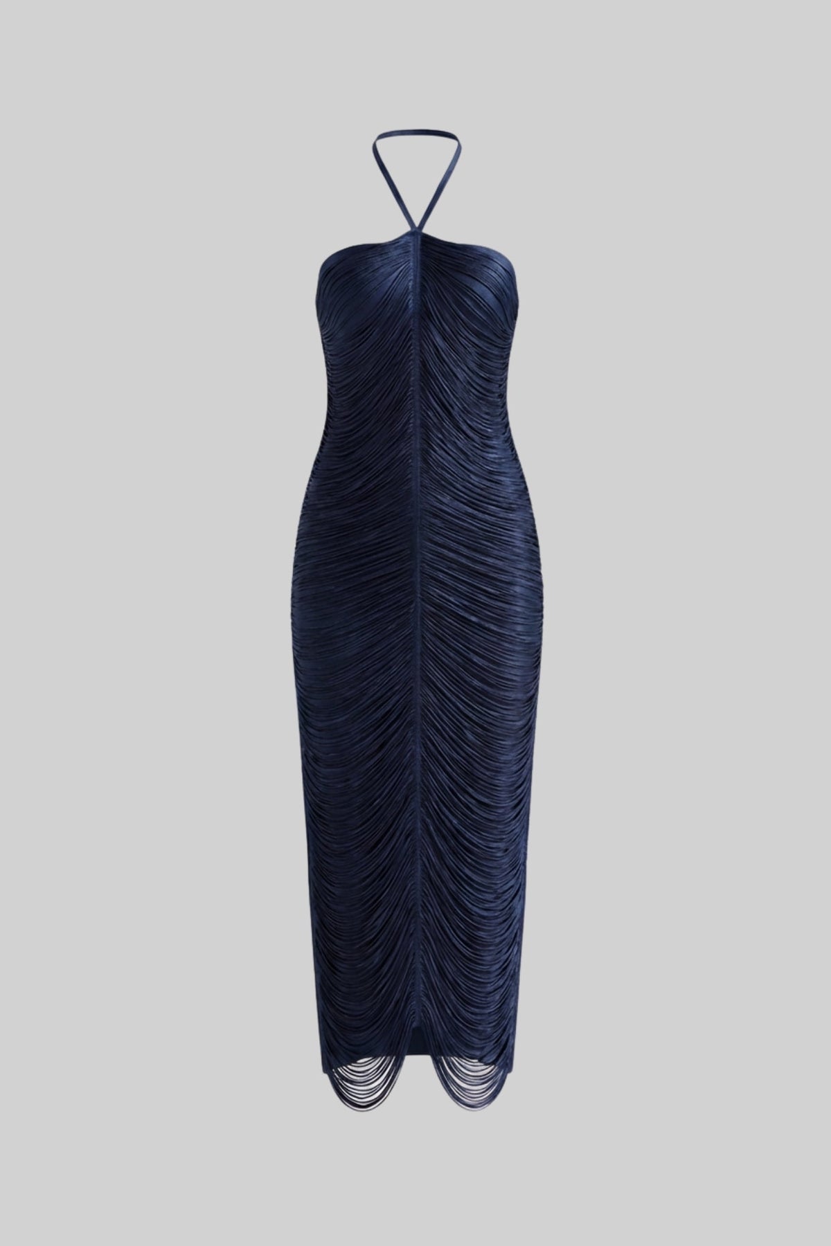 Halter Neck Draped Fringe Bodycon Asymmetric Hem Maxi Dress 2