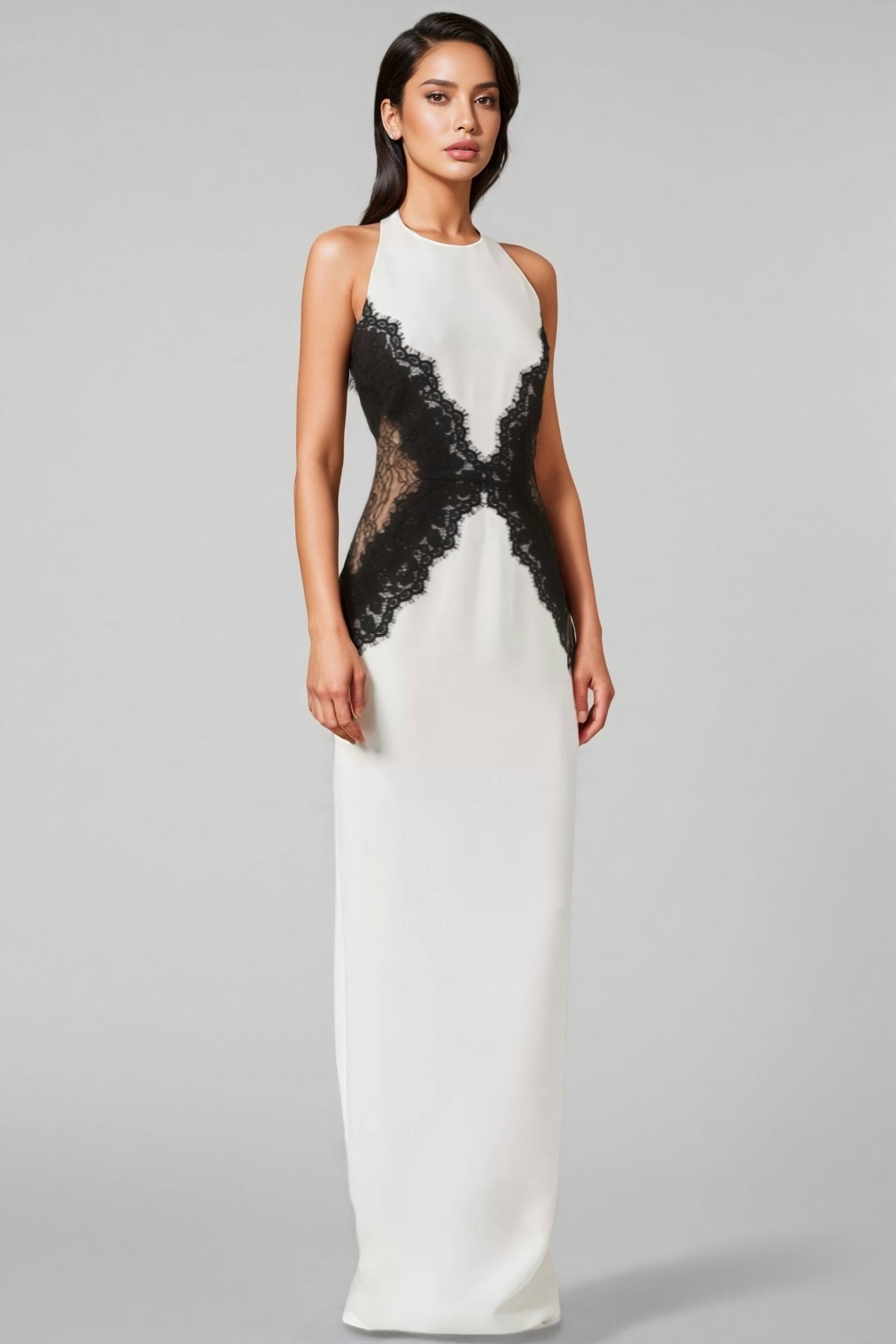 Halter Neck Sleeveless Contrast Lace Waist Panel Column Maxi Dress