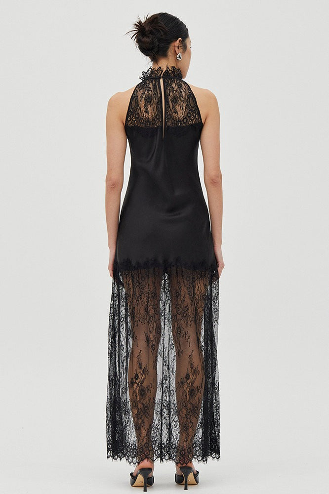 Round Neck Sheer Spliced Solid Elegant Lace Dress