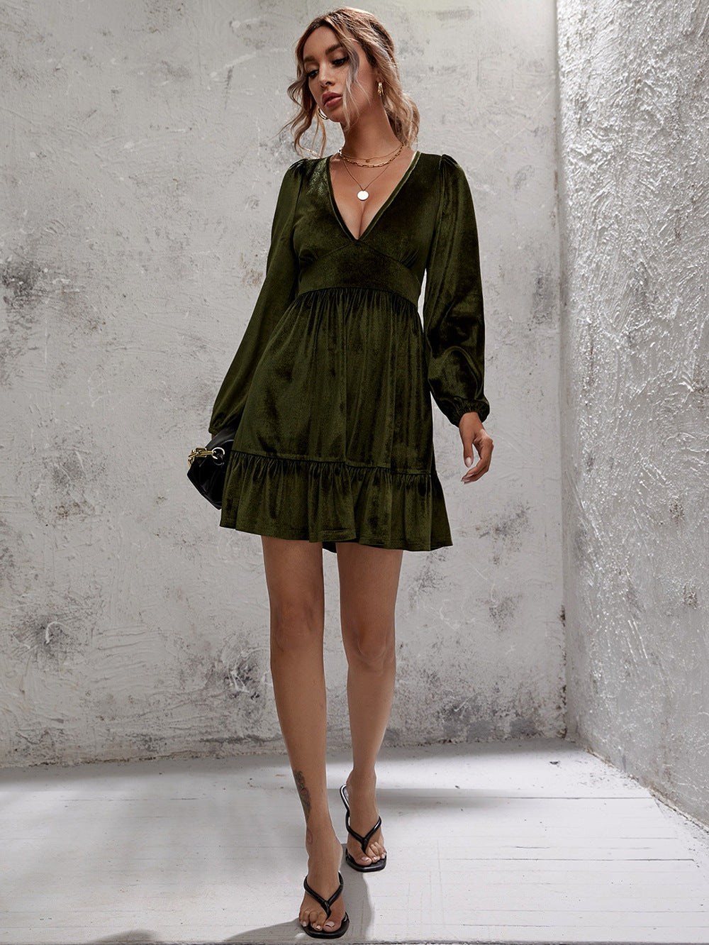 Velvet Deep V-Neck Puff Sleeve Ruffle Hem Mini Dress