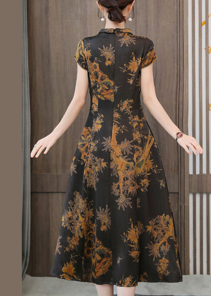 Bird Print Mandarin Collar Frog Button Cap Sleeve Cheongsam Midi Dress