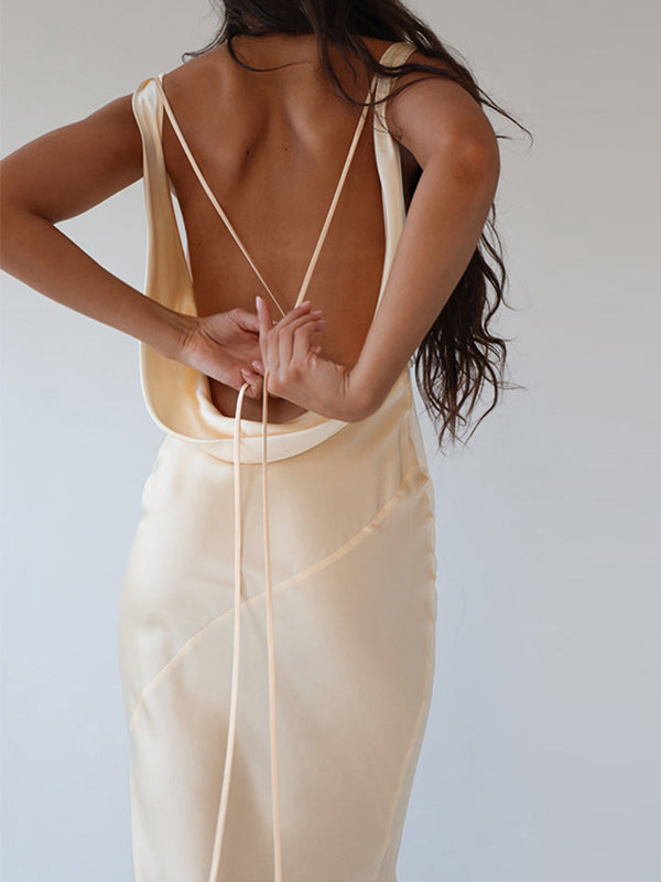 Champagne Stylish Satin Backless Tie Up Maxi Dress