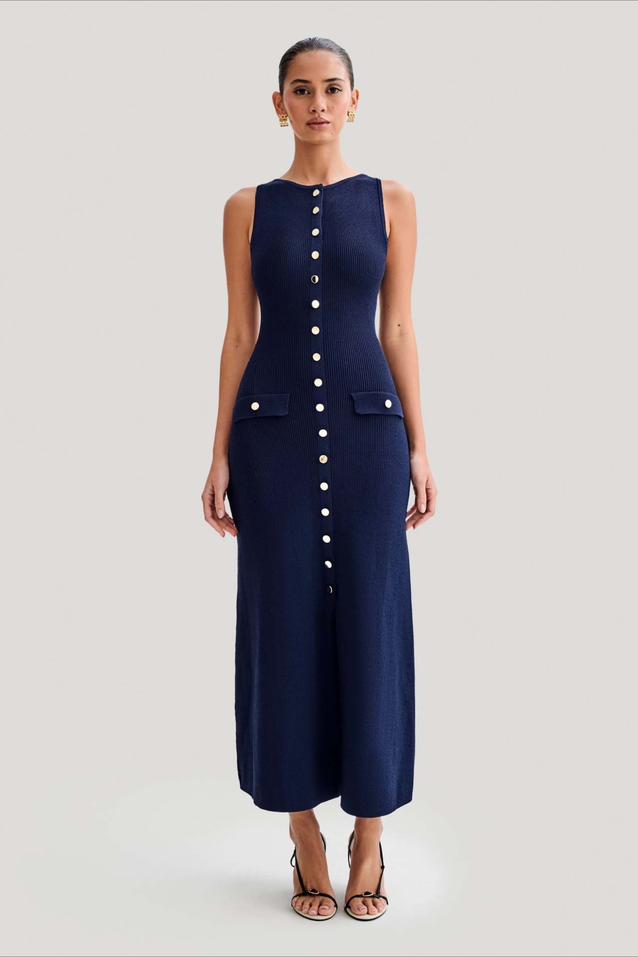 Buttoned Edition Crewneck Sleeveless Knit Bodycon Maxi Sweater Dress