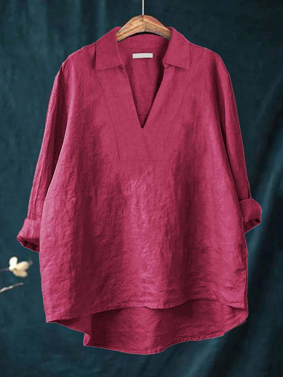 Collared V-Neck Long Sleeve Linen Look Popover Top