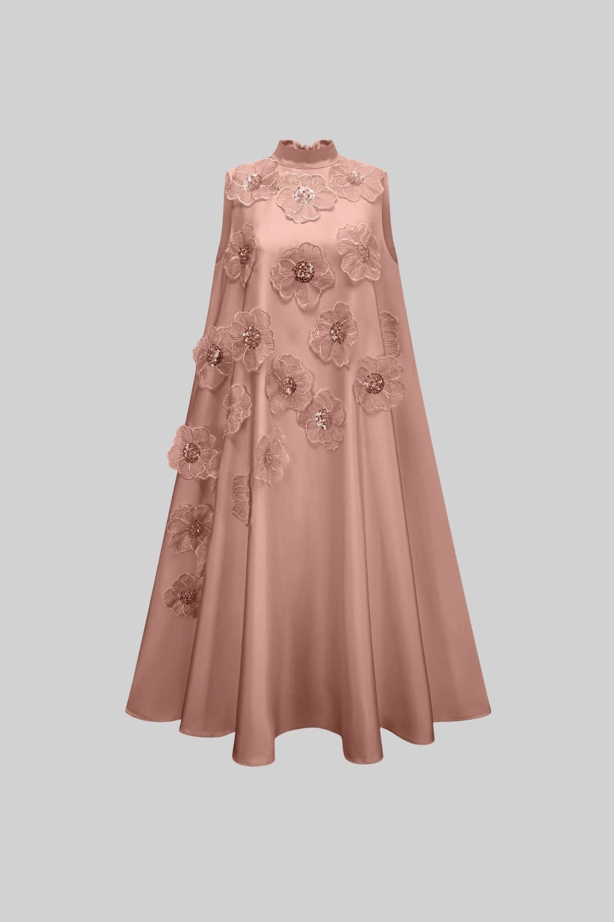 Sleeveless Mock Neck 3D Floral Applique Satin A-Line Trapeze Midi Dress