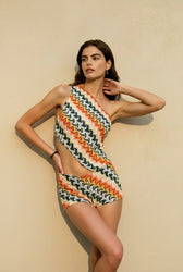 One Shoulder Tie Back Stripe Knit Shorts Vacation Set