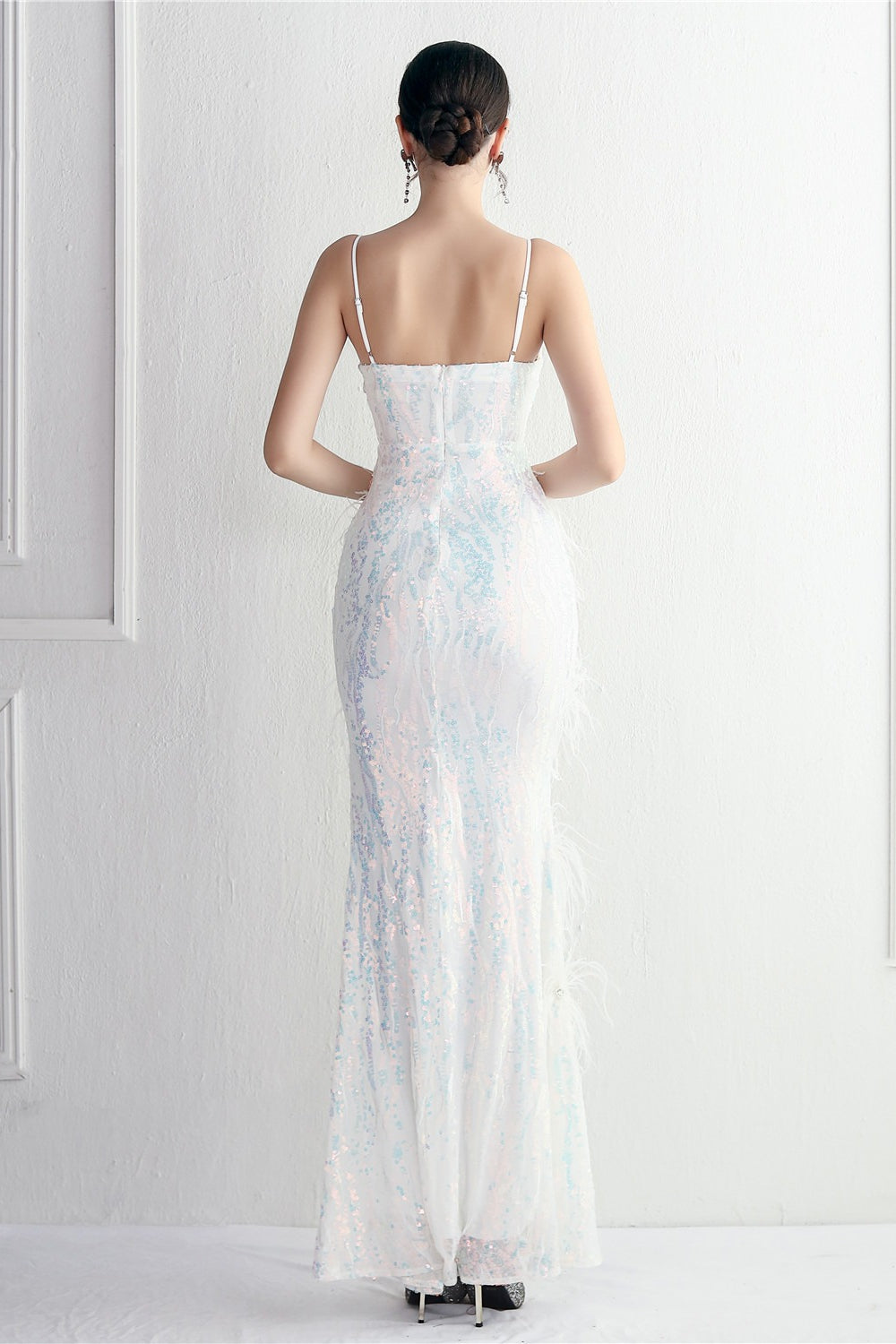 Sequin Deep V-Neck Spaghetti Strap Feather High Split Gown