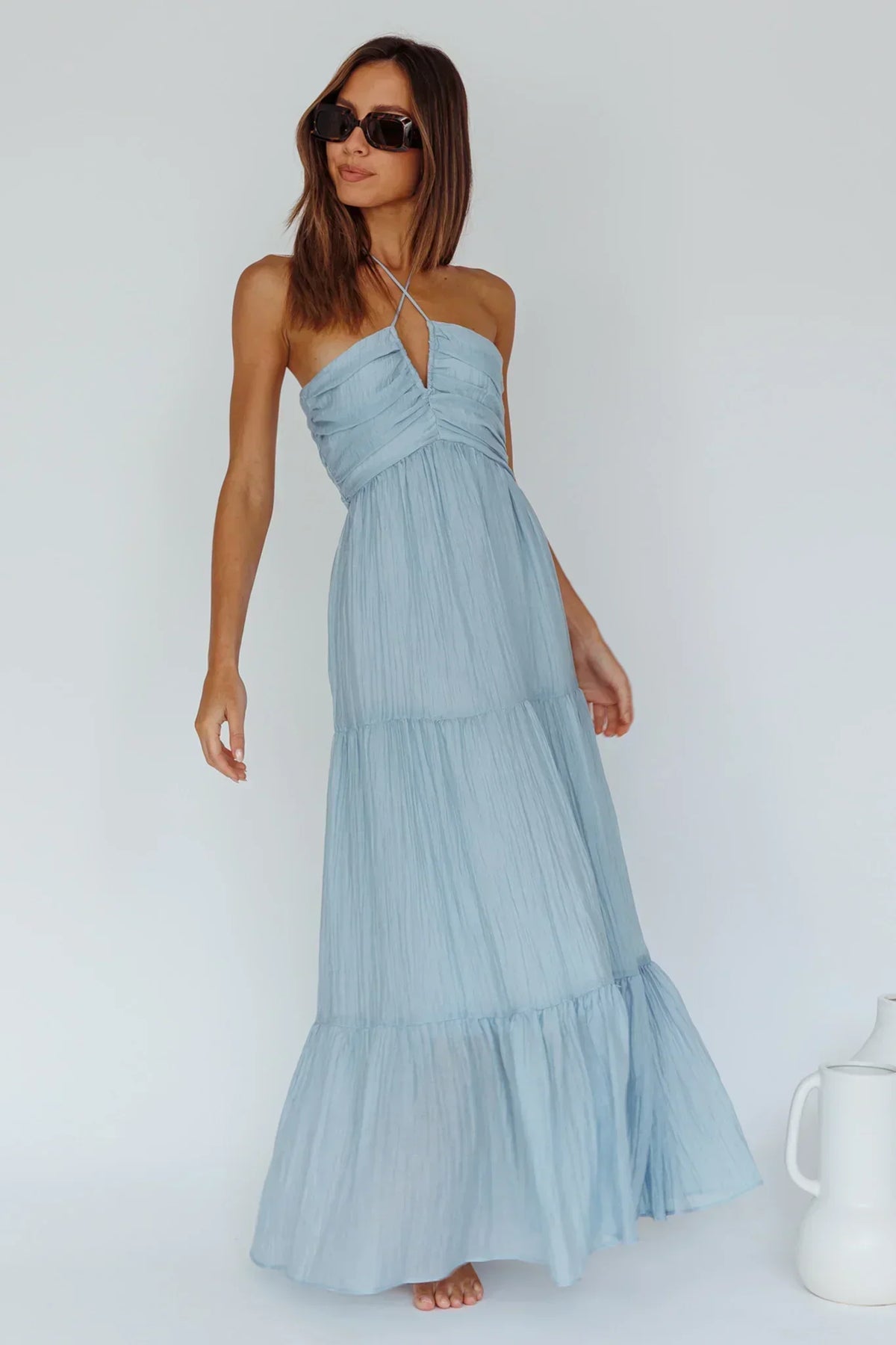 Ruched Halter Neck Keyhole Tiered Maxi Dress