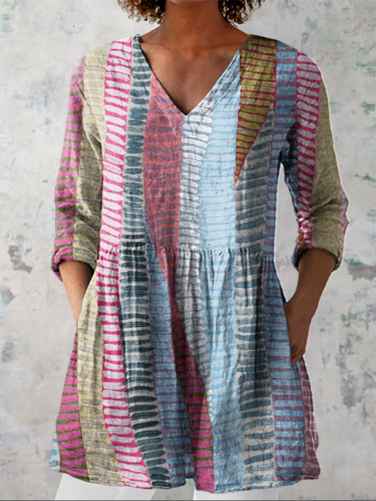 Striped Print V-Neck Long Sleeve Peplum Tunic Top