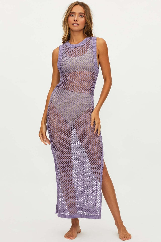 Crochet Knit Sleeveless High Neck Maxi Dress