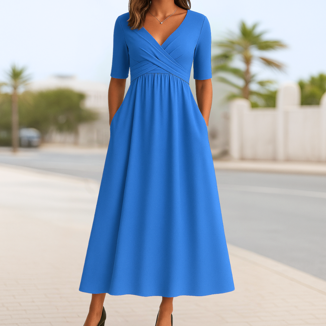 V-Neck Short Sleeve Ruched Fit and Flare Midi Dress 7