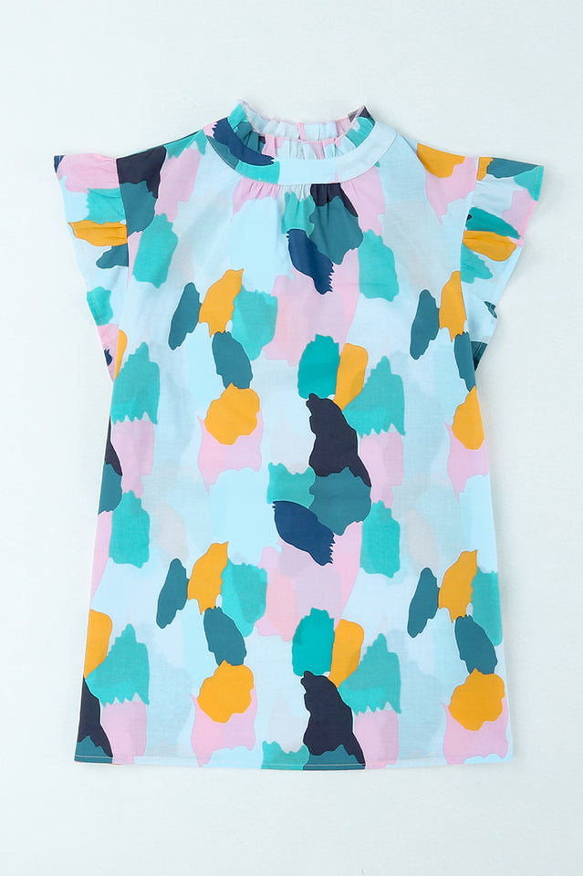 Abstract Brushstroke Print Mock Neck Ruffle Sleeve Blouse 9