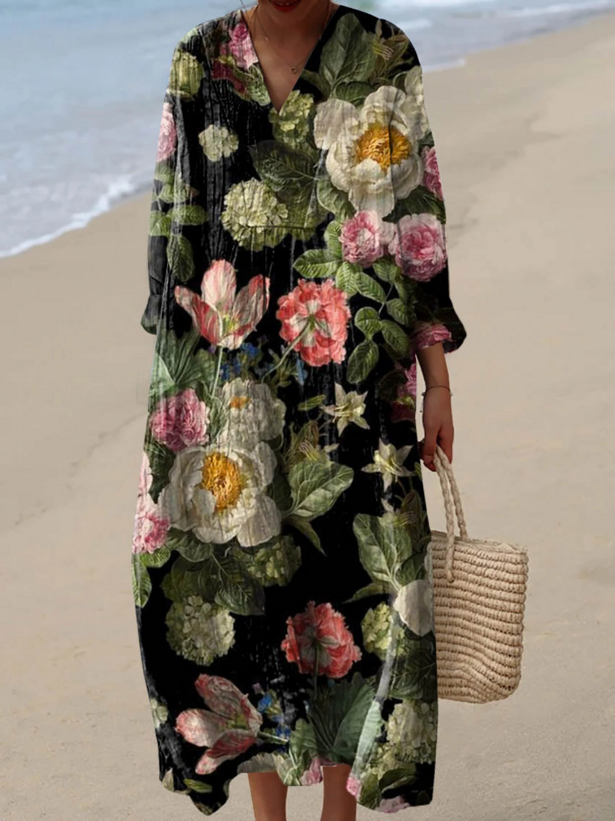 Floral Print V-Neck Long Sleeve Maxi Dress