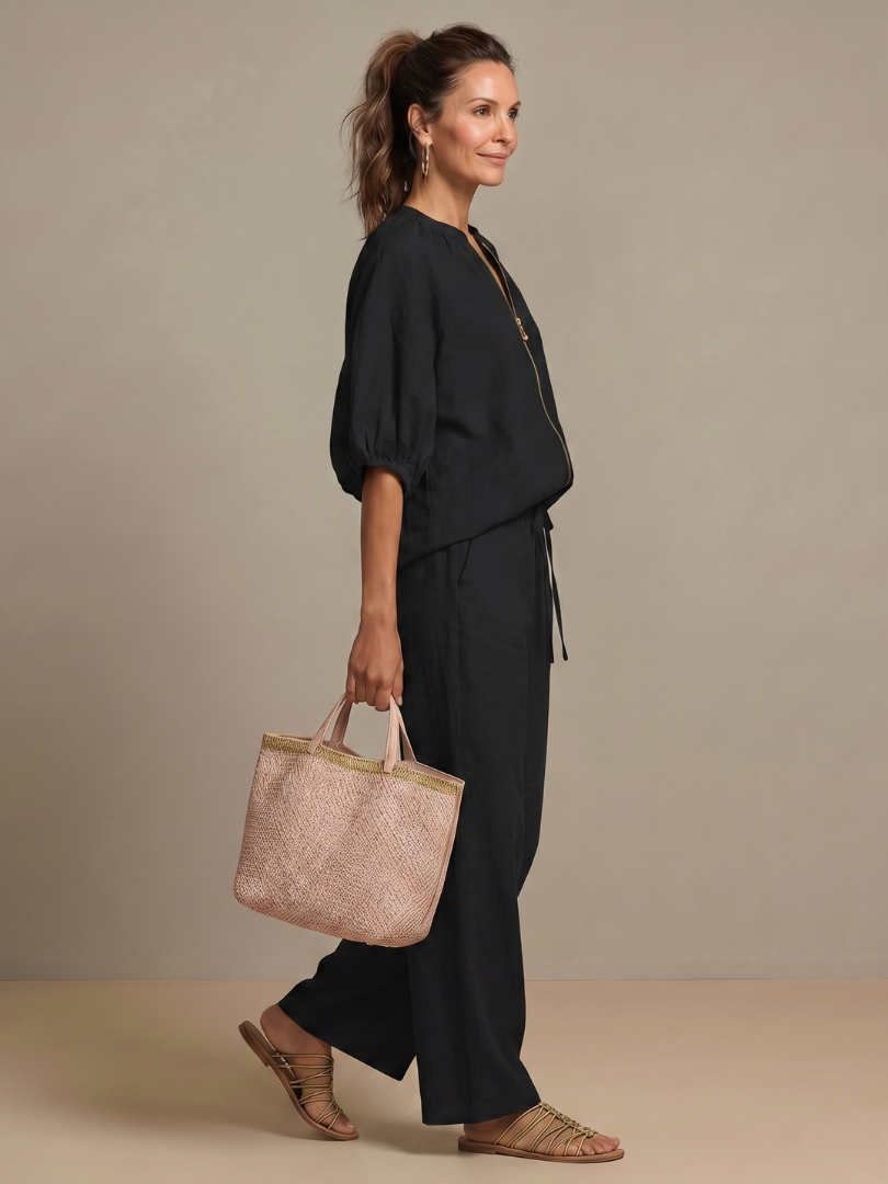Puff Sleeve Zip Front Top and Wide Leg Pants Two Piece Set