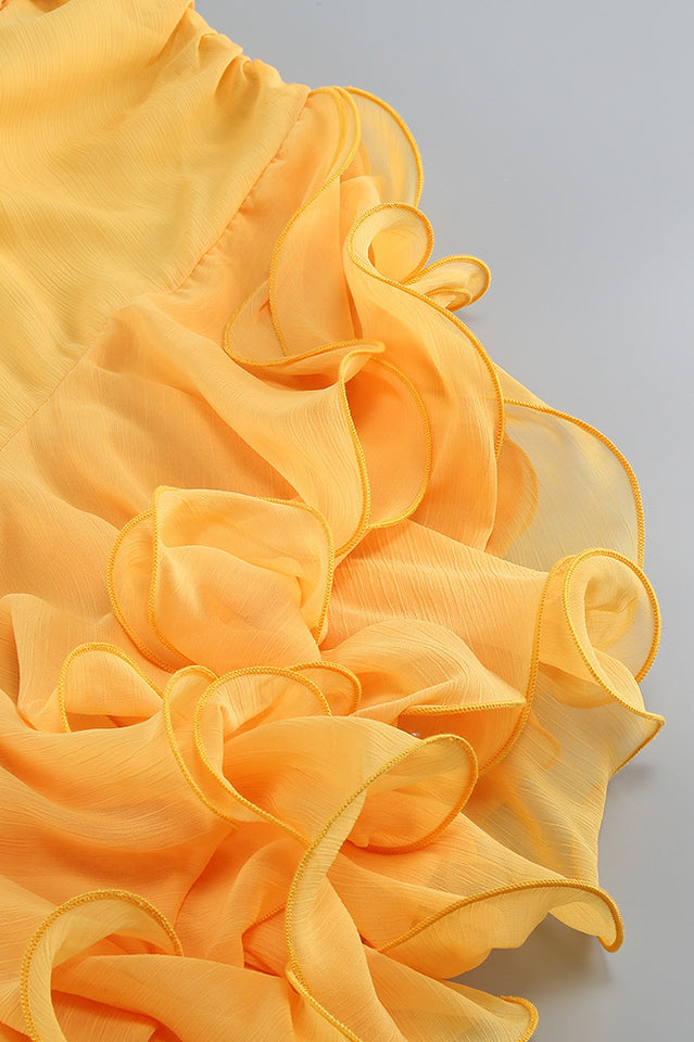 Strapless Twist Front Cut Out Braided Trim Ruffle High Low Gown 9