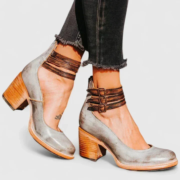 Round Toe Triple Buckle Ankle Strap Block Heel Pumps