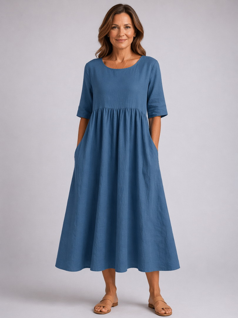 Scoop Neck Short Sleeve Pocket A-Line Midi Dress