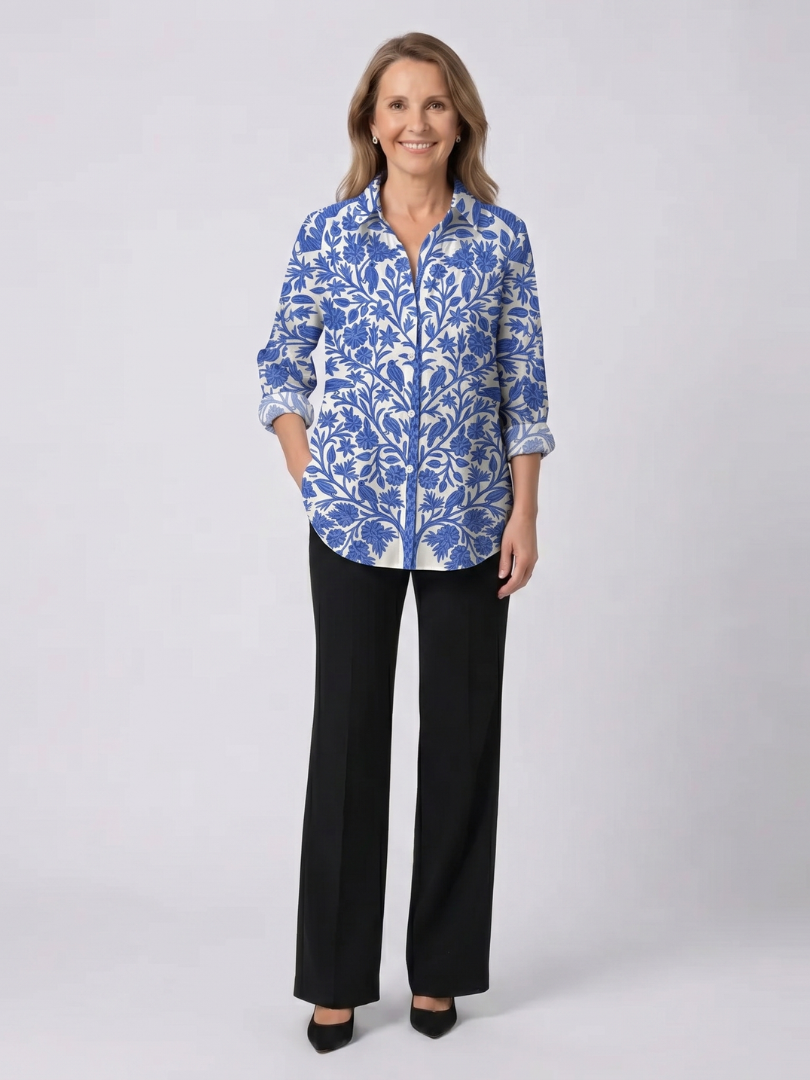 Floral Print Collared Long Sleeve Button Front Shirt