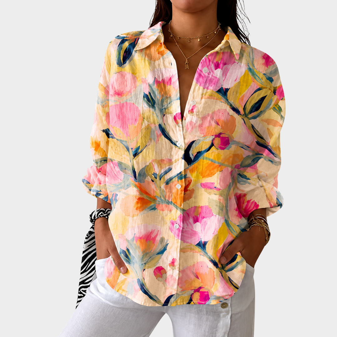 Floral Print Collared Long Sleeve Button Front Shirt