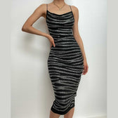 Beaded cowl neck cross back contrast spaghetti strap midi dress - View 2
