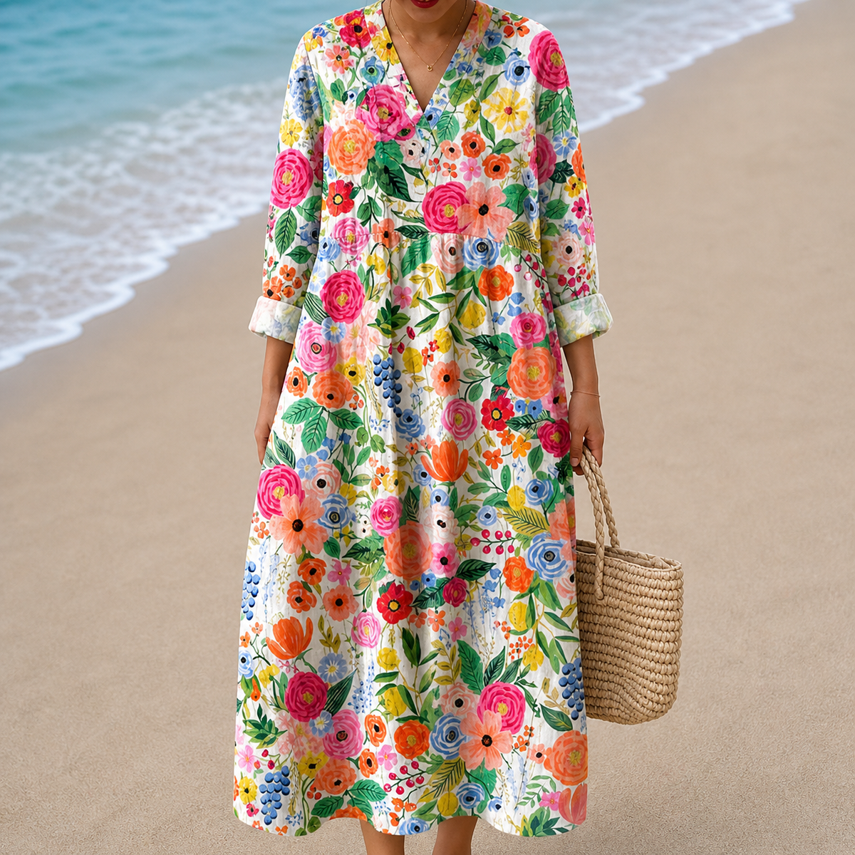 Garden Floral V-Neck Long Sleeve Loose Maxi Dress