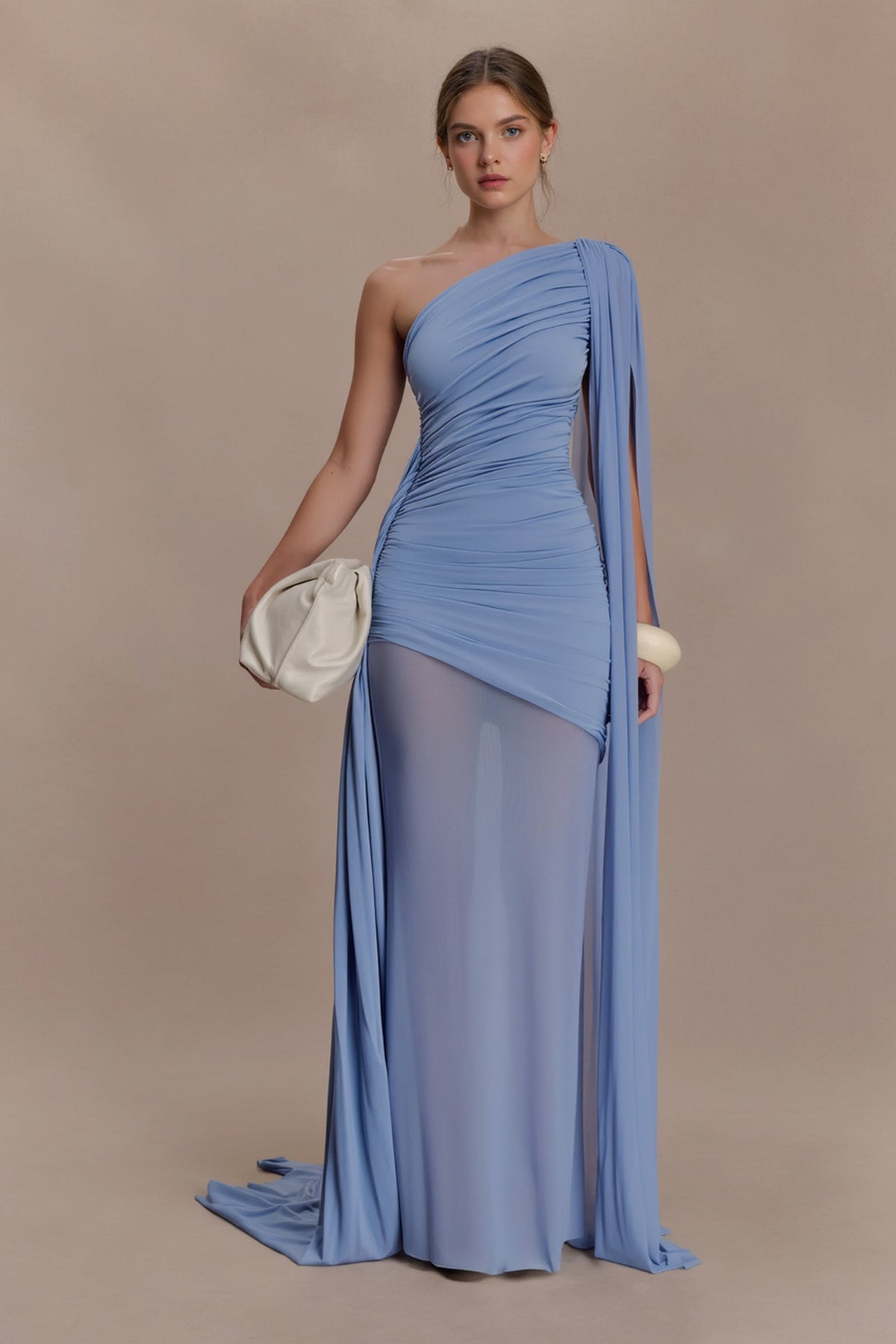 One Shoulder Ruched Sheer Mesh Skirt Cape Drape Maxi Gown