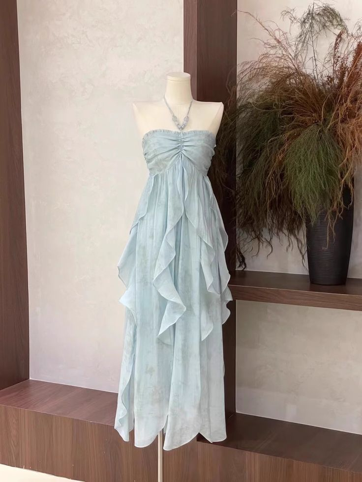 Cute Halter Ruffled Floral Prom Dress Blue Chiffon Long Vacation Dress cc1536
