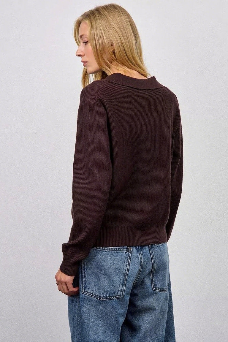 Collared V-Neck Long Sleeve Ribbed Knit Button Front Cardigan 3