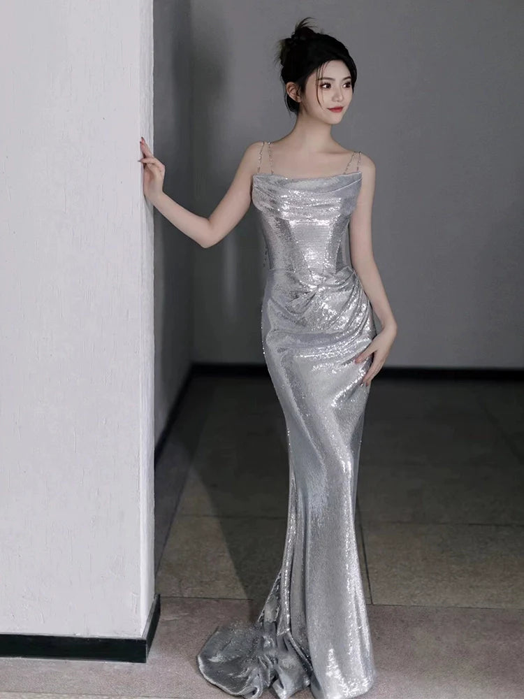 Silver Sequin Mermaid Long Prom Dress Sexy Evening Dresses   fg7666