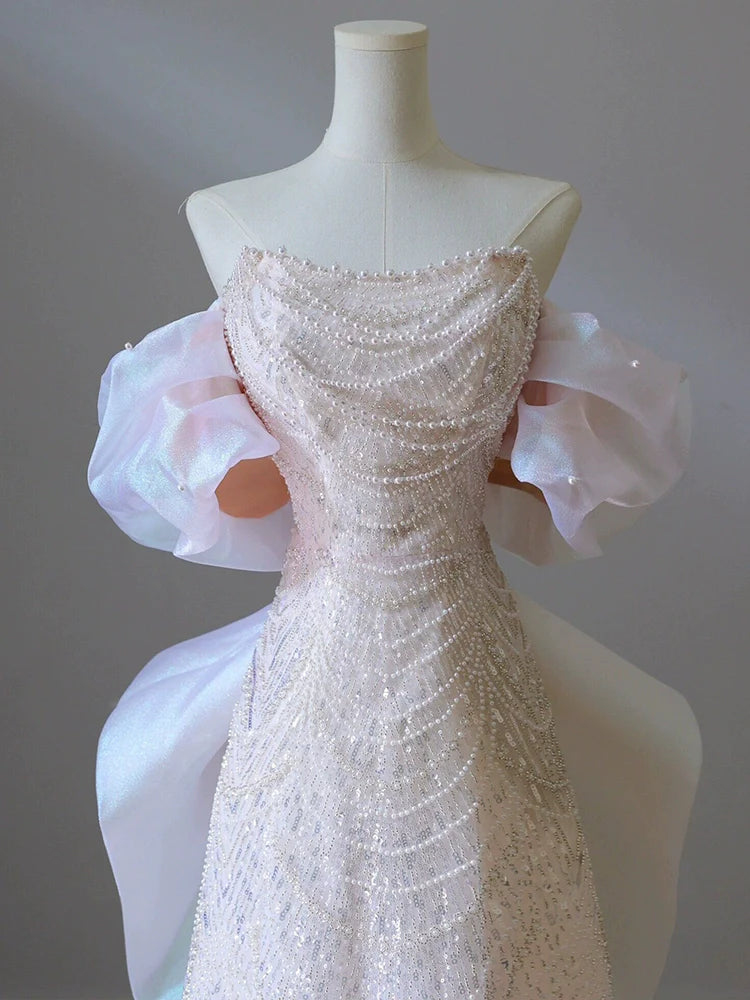 Pink Off Shoulder Long Prom Dress Sequin Evening Party Dresses  fg7705