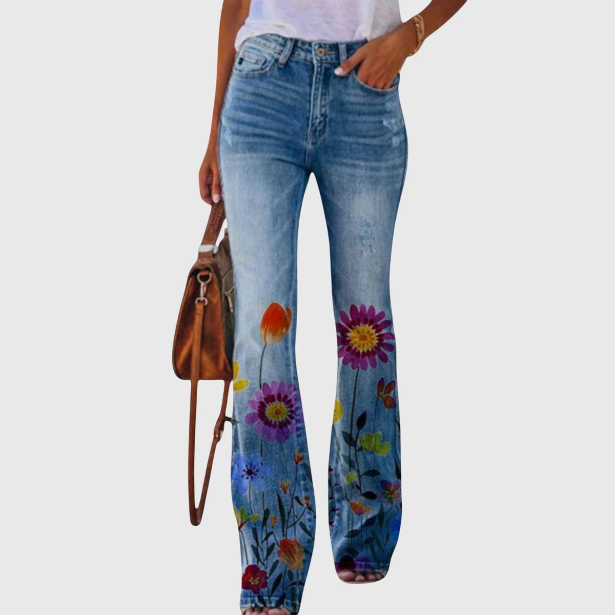 Floral Print High Waist Flare Jeans