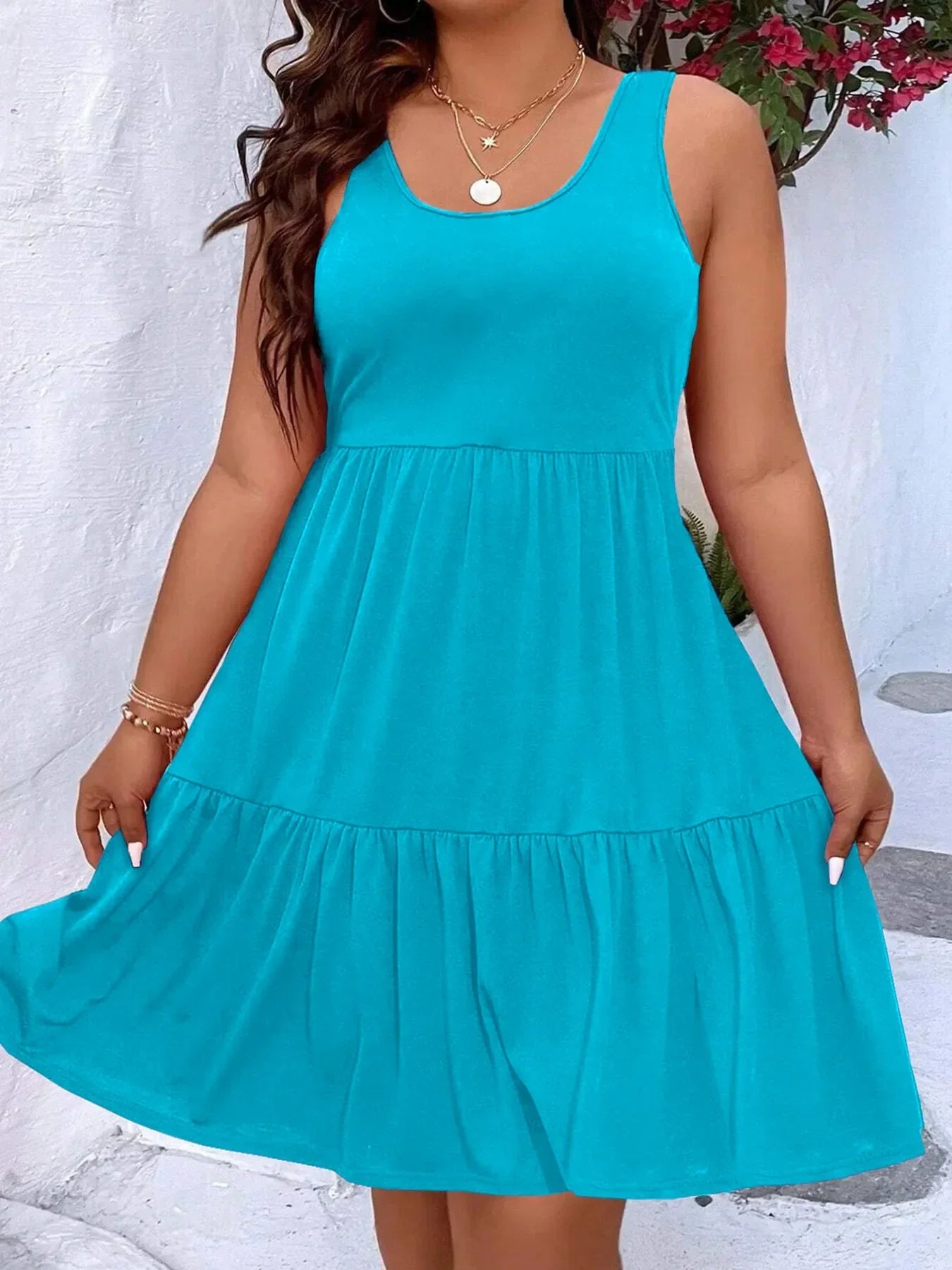 Plus Size Tiered Scoop Neck Tank Dress Sky Blue