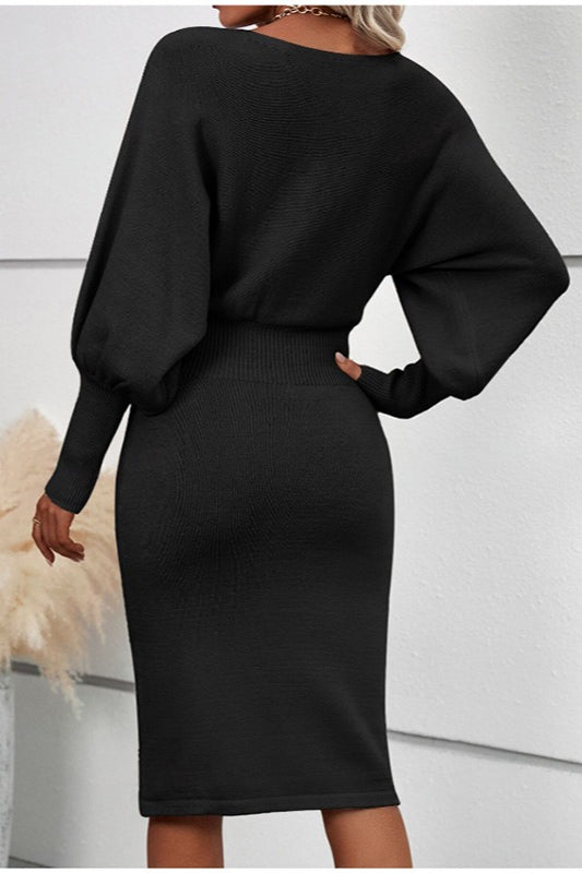Crew Neck Lantern Sleeve Sweater Dress