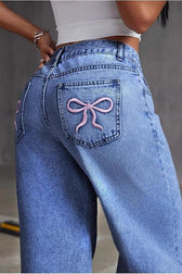Y2K Bow Embroidered High Waist Straight Loose Jeans