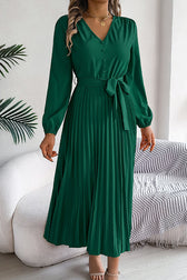 Solid Color Elegant V-neck Buttoned Lace-up Pleated Maxi Dress - View 21