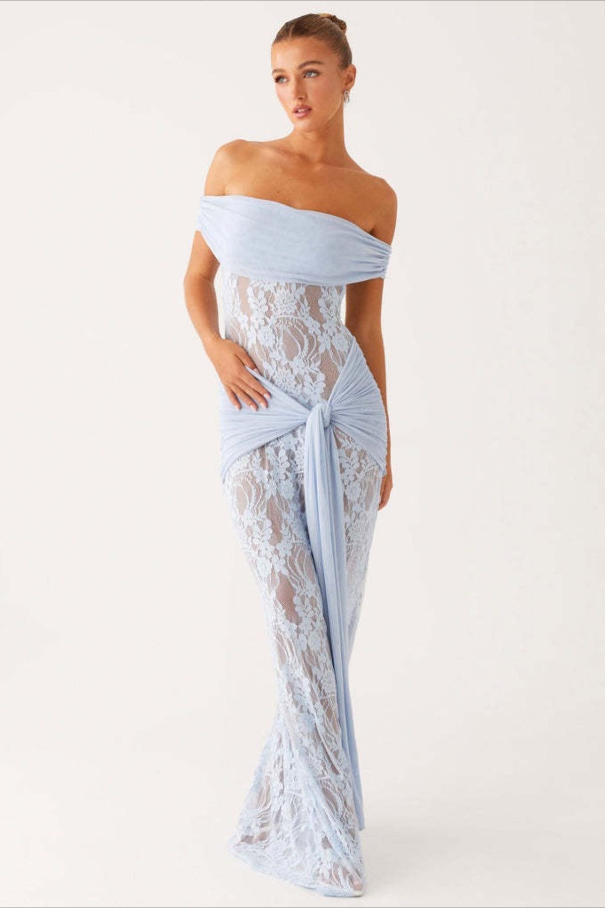 Off Shoulder Sheer Lace Draped Mesh Knot Waist Maxi Dress 2