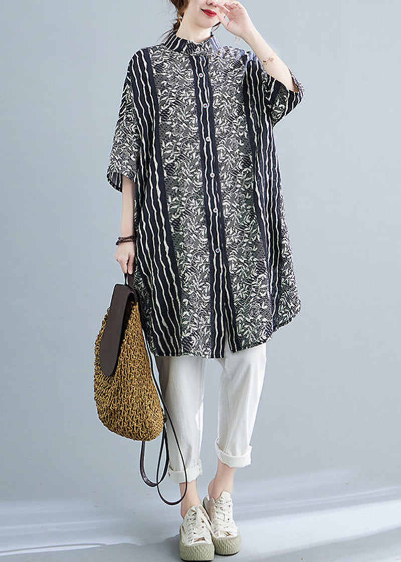 Floral Print Collar Button Front Panel Stripe Shirt Dress