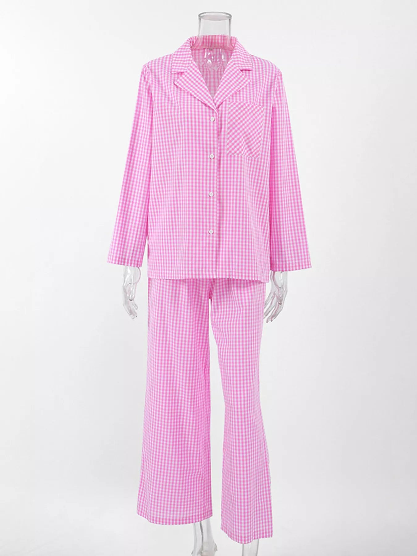 Gingham Button-Down Top and Pants Loungewear Set