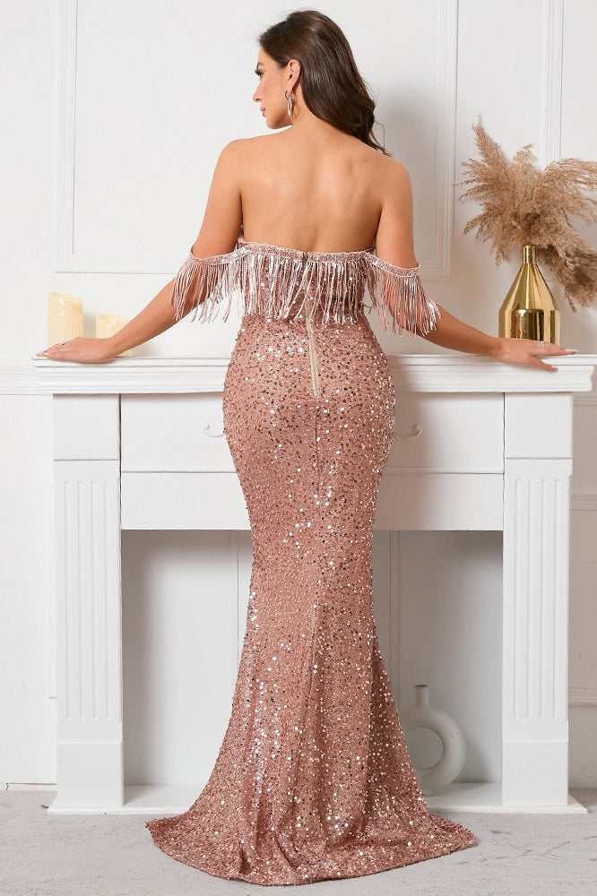 Boat Neck Bandeau Sequin Fringe Mermaid Maxi Sequin Dress 4