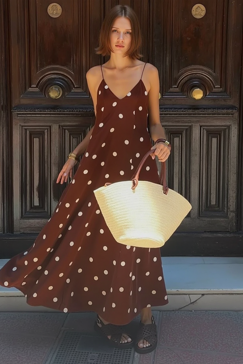 Polka Dot V Neck Open Back Loose Maxi Slip Dress