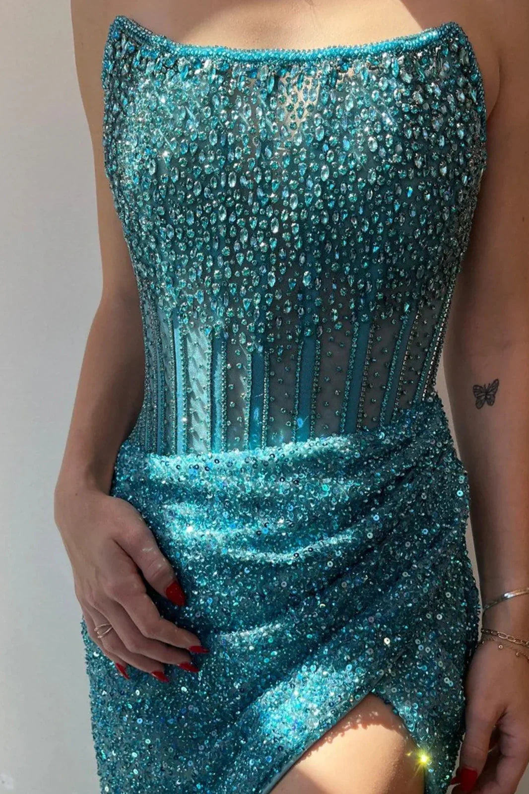 Sparkly Luxurious Mermaid Strapless Long Prom Dress with Beading And Slit