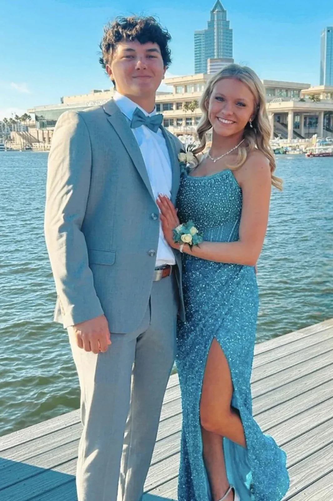 Sparkly Luxurious Mermaid Strapless Long Prom Dress with Beading And Slit