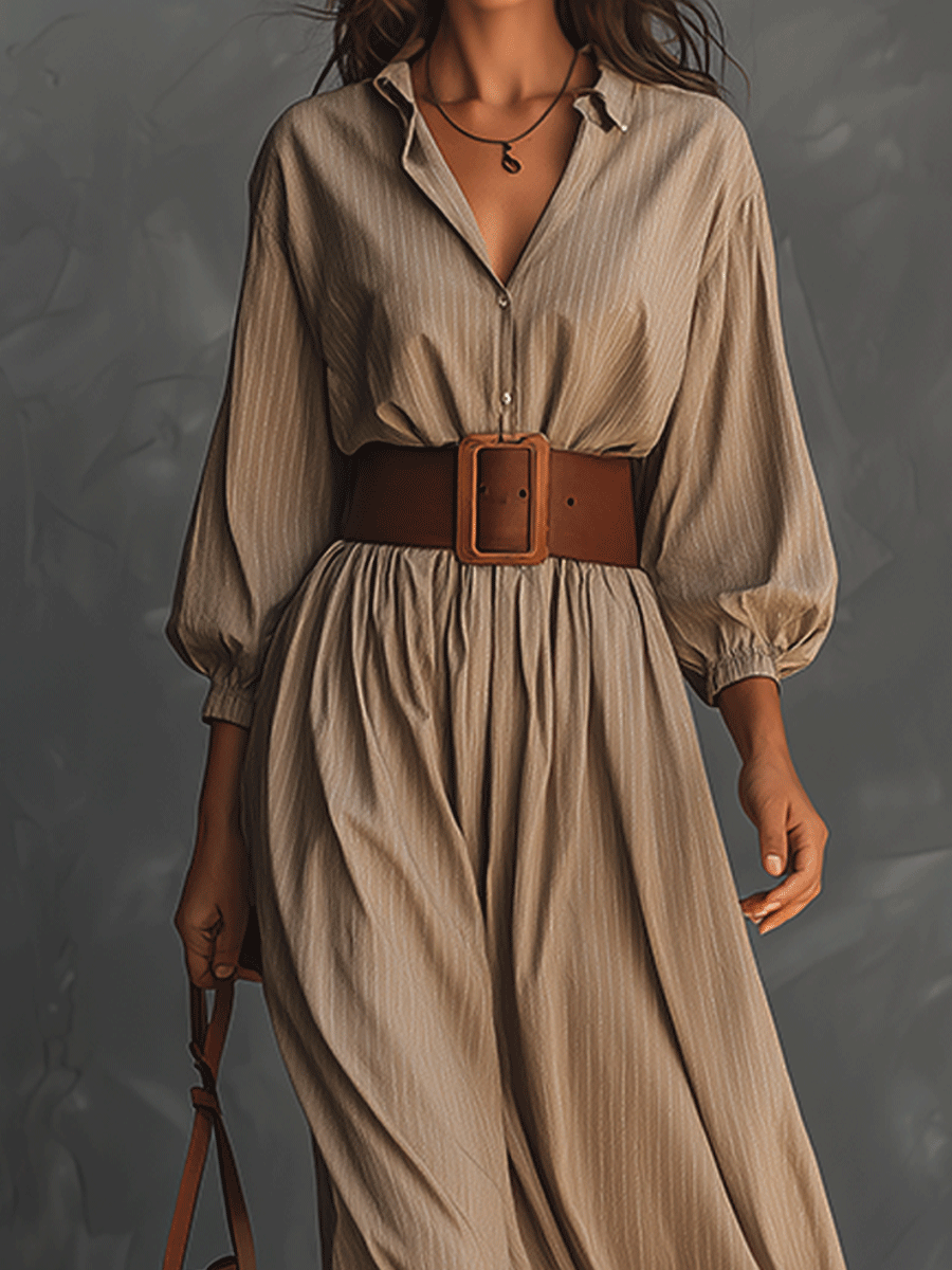 Casual Beige Shirt V-Neck Midi Dress (With Belt)