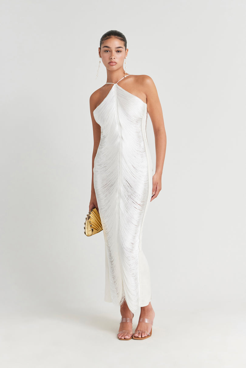 CELEB FUR IRREGULAR MAXI DRESS-WHITE