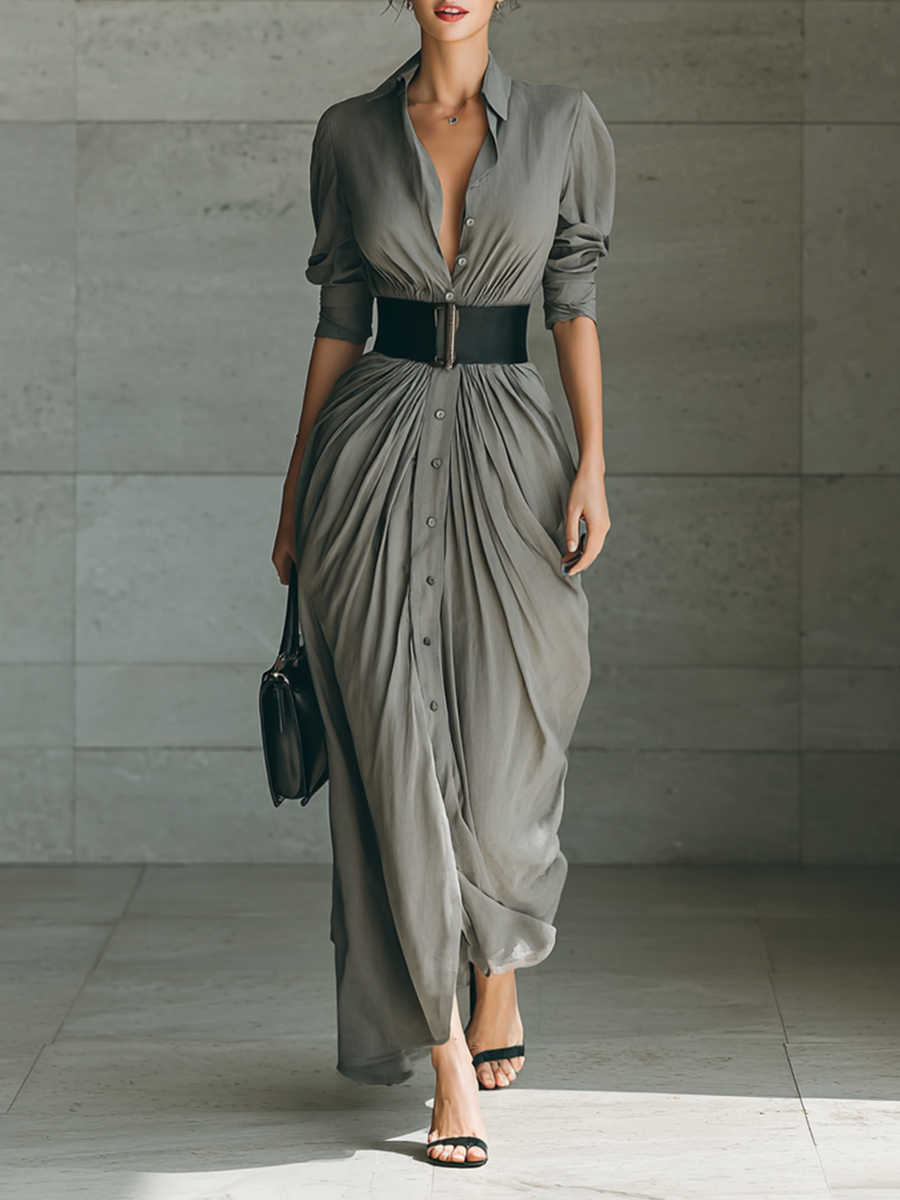 Collared Belted Ruched Long Sleeve Draped Maxi Shirt Dress