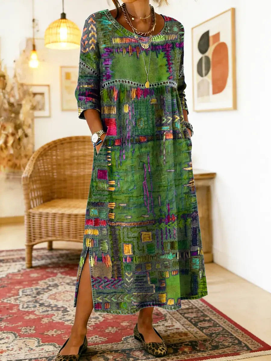 Patchwork Print Round Neck Pocket A-Line Maxi Dress