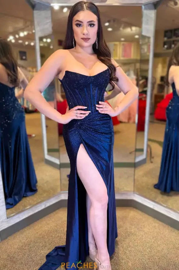 Gorgeous Gold Mermaid Strapless Long Beaded Prom Dress With High Slit