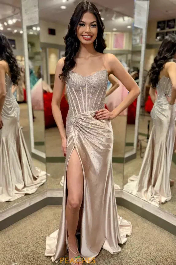 Gorgeous Gold Mermaid Strapless Long Beaded Prom Dress With High Slit